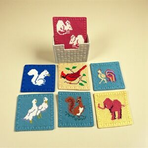 Vintage Set Of 7 Nature Animals Needlepoint Coasters Handmade with Holder
